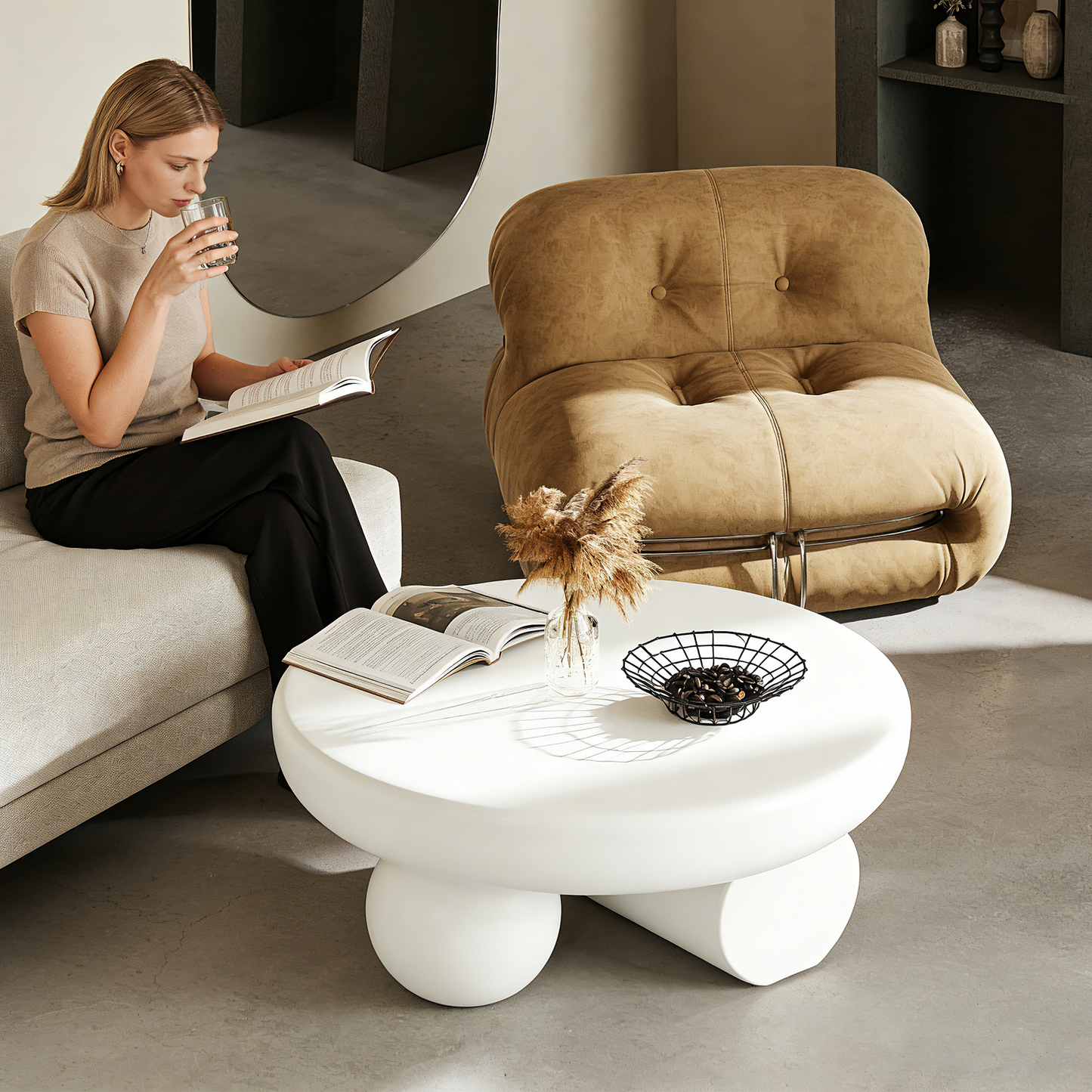 Modern Minimalist Round Coffee Table, Sculptural Double Sphere Base Center Table, Cream White Decorative Accent Table for Living Room
