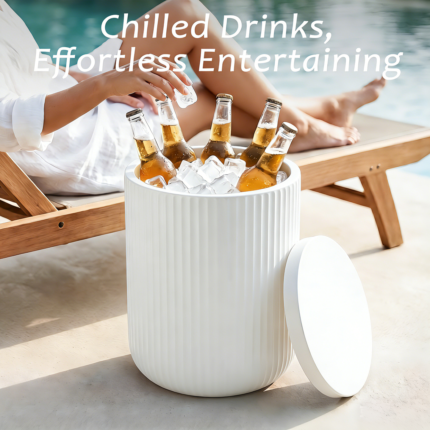 3-in-1 Outdoor Cooler Side Table – Double-Walled Ice Bucket with Lid, Marble Style Patio Accent Table, All-Weather & Durable Design