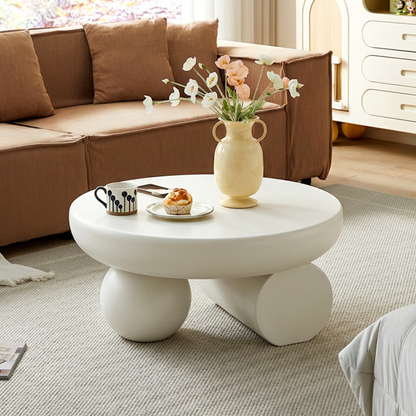 Modern Minimalist Round Coffee Table, Sculptural Double Sphere Base Center Table, Cream White Decorative Accent Table for Living Room