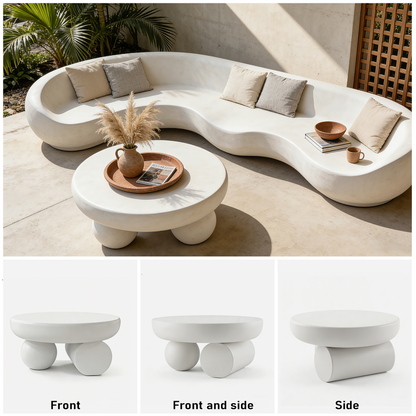 Modern Minimalist Round Coffee Table, Sculptural Double Sphere Base Center Table, Cream White Decorative Accent Table for Living Room