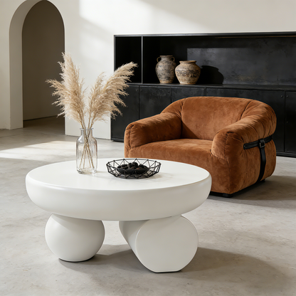 Modern Minimalist Round Coffee Table, Sculptural Double Sphere Base Center Table, Cream White Decorative Accent Table for Living Room