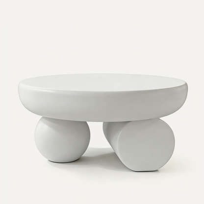 Modern Minimalist Round Coffee Table, Sculptural Double Sphere Base Center Table, Cream White Decorative Accent Table for Living Room