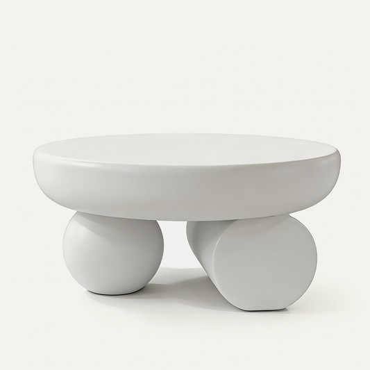 Modern Minimalist Round Coffee Table, Sculptural Double Sphere Base Center Table, Cream White Decorative Accent Table for Living Room